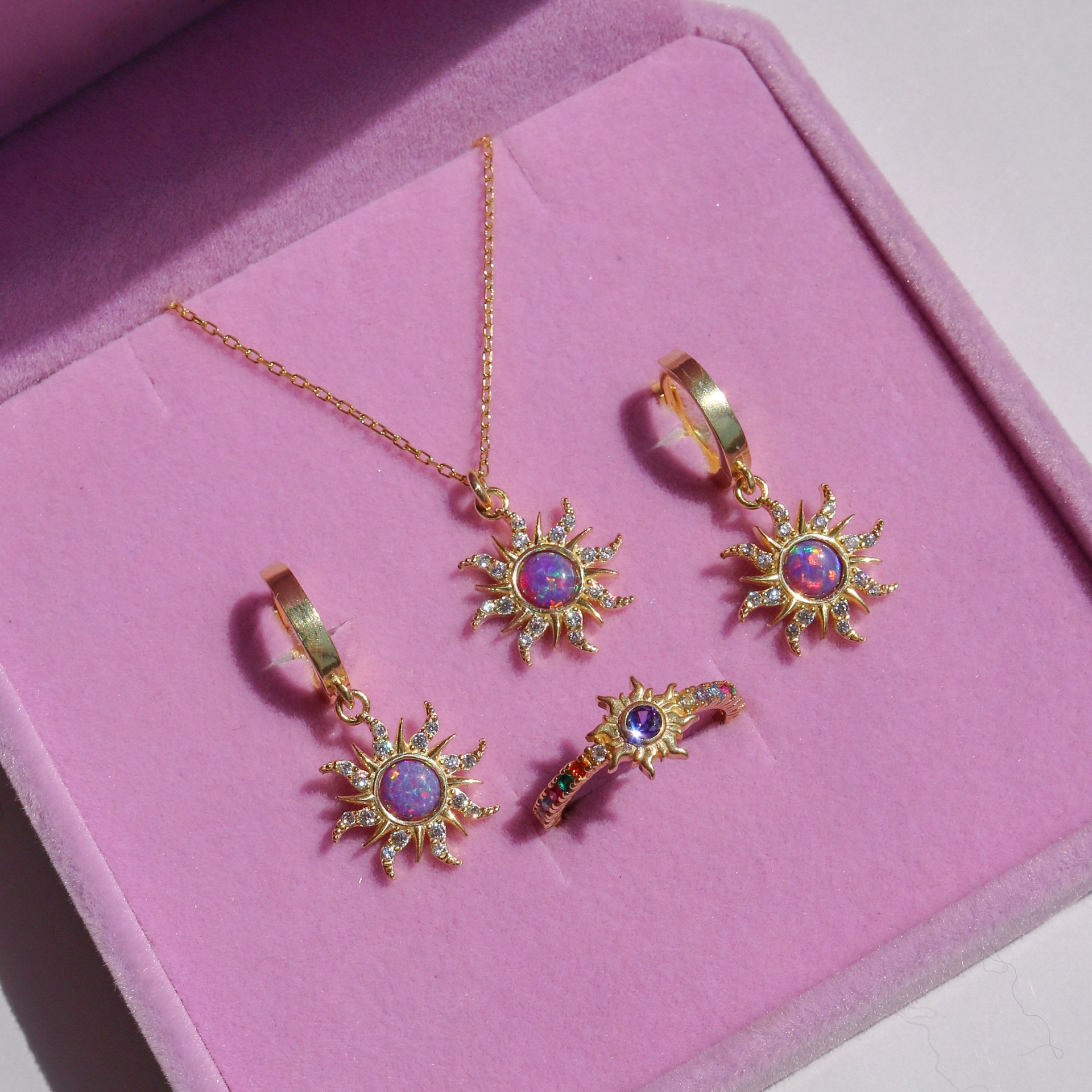 Copper Sweet Gemstone Sun Opal Rings Earrings Necklace display picture 2