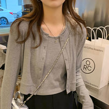 春秋款针织小开衫女显瘦高腰洋气短款长袖上衣小外套+背心两件套