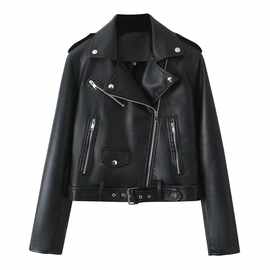 外贸秋冬新款欧美风后背铆钉拉链饰皮夹克外套图片色氨纶翻领