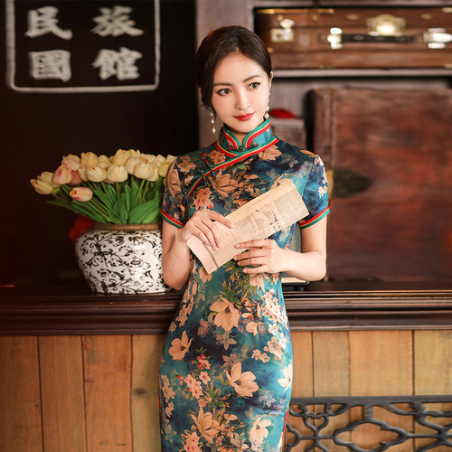 Women green printed Chinese dress cheongsam qipao long retro catwalk performance cheongsam dress plus size