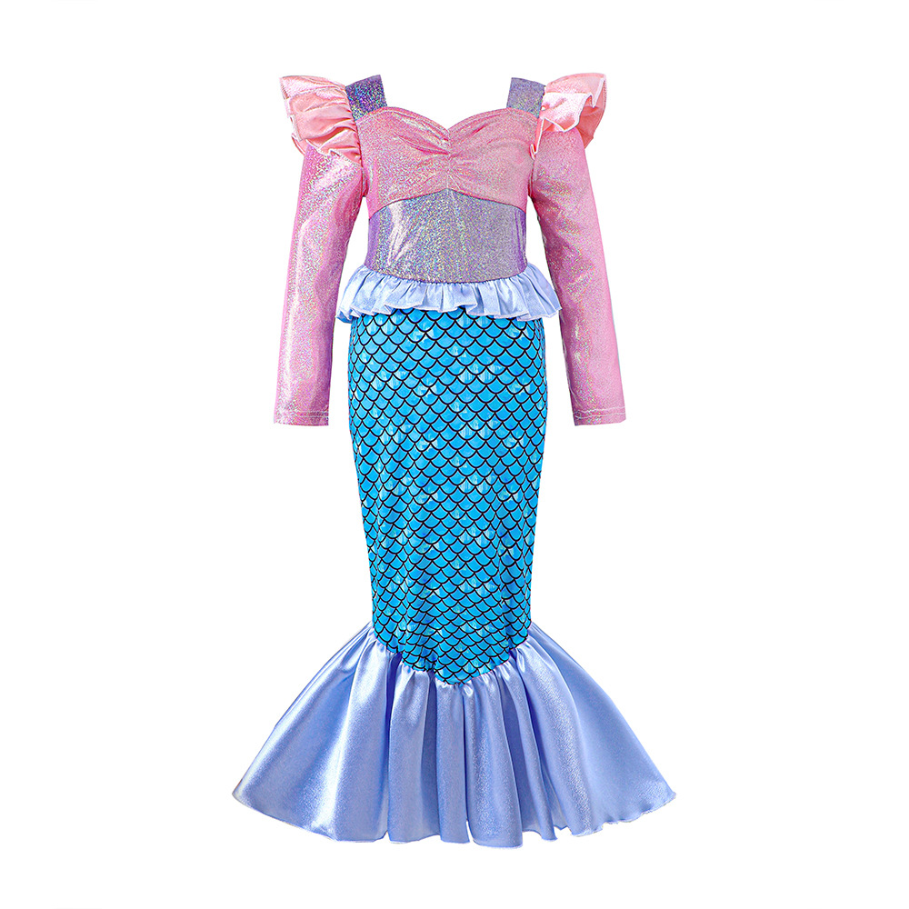 Vêtements pour enfants EW Nouveau produit pour filles Printemps et automne Robe de princesse à épissure sirène DQ1614-C_voghion.com