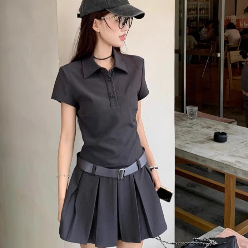 フレンチアメリカングレーポロカラー半袖Tシャツドレス夏の女性の小柄なスリムAラインプリーツスカート|undefined