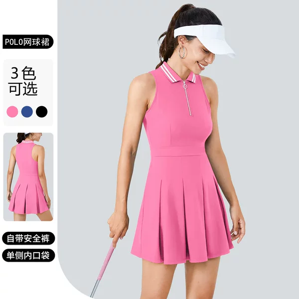 Cross-Border Polo Collar Tennis Skirt Women's Half Zipper Golf Dress Outdoor Sports Badminton Skirt with Chest Pad