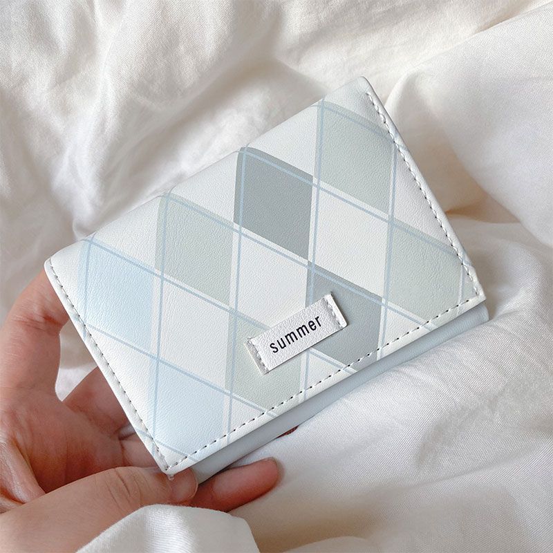 Sea salt blue plaid wallet new style simple ins style Korean multifunctional student wallet coin card bag integrated bag_voghion.com