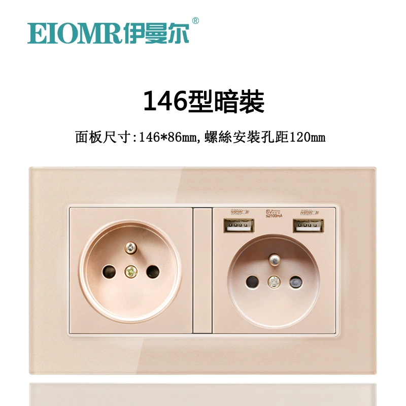 Dual European socket panel 16A, dual USB charging, multiple finishes (German/French, glass/metal)