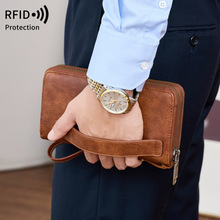 跨境新款RFID男士商务钱包时尚双拉链长钱包复古大容量女士手拿包