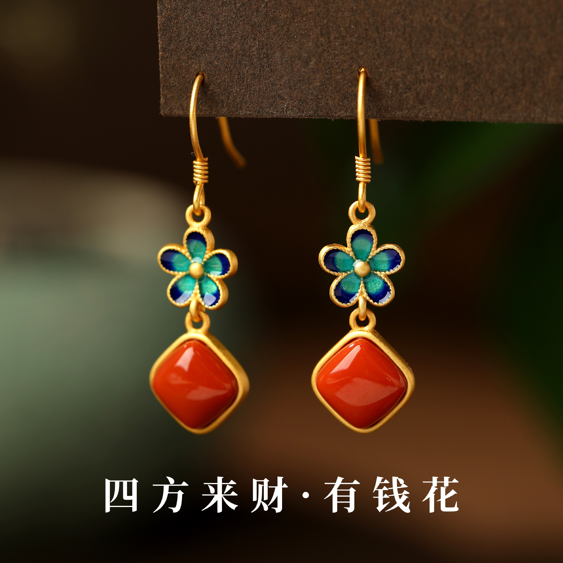 925 Silver Ruyi Enamel Earrings Original Retro Square Small Flower Girl Simple Elegant Rich Flower Lover Gift