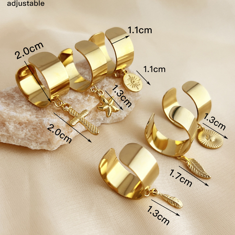 201 Stainless Steel 304 Stainless Steel 18K Gold Plated Simple Style Plating Cross Starfish Feather Adjustable Ring display picture 1