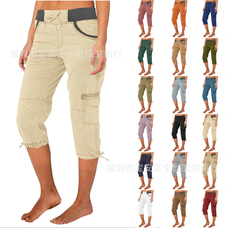 2024 European and American Women's Casual Pants Women's Overalls High Waist Drawstring Multi-Pocket Capri Pants Loose Retractable Pants
