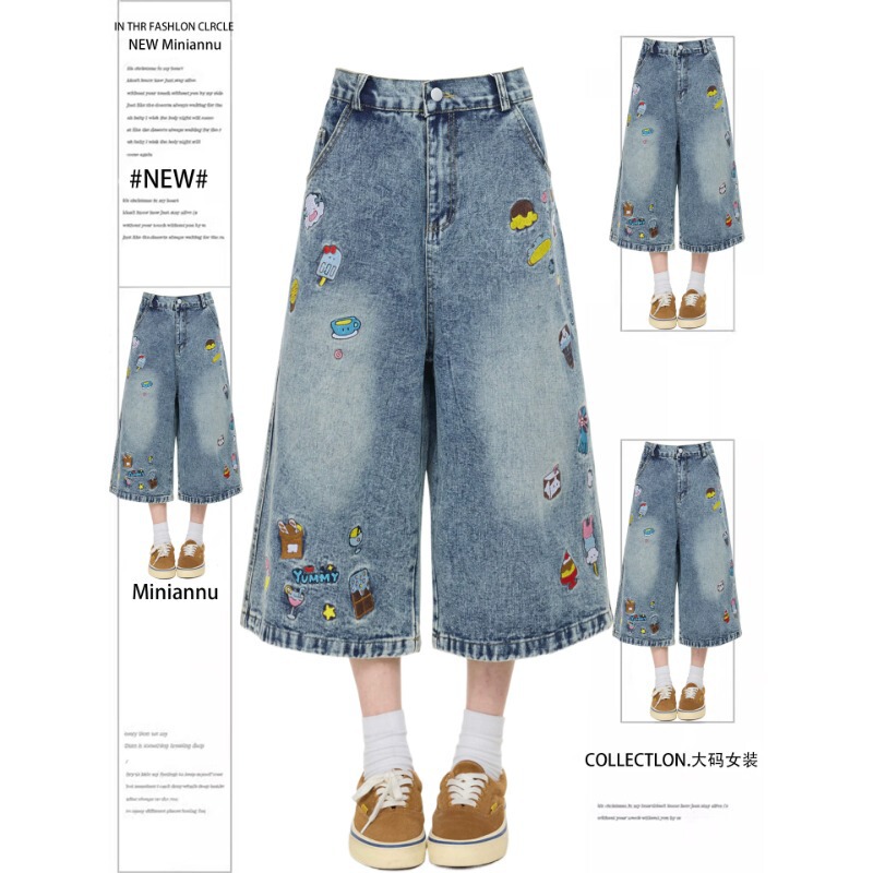 Plus-Size Women's College-Style Blue Versatile Denim Shorts for Women, Fashionable High-Waisted Slimming Embroidered Capri Pants Plus-Size Women's College-Style Blue Versatile Denim Shorts for Women, Fashionable High-Waisted Slimming Embroidered Capri Pants