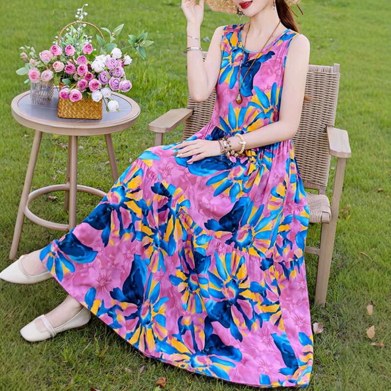 Summer New Long Cotton Silk Dress, French Style Suspender Beach Dress, Sleeveless Vacation Slimming Dress for Women