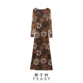 亚马逊跨境外贸欧美女装2024秋冬新款长袖露背印花绢网连衣裙