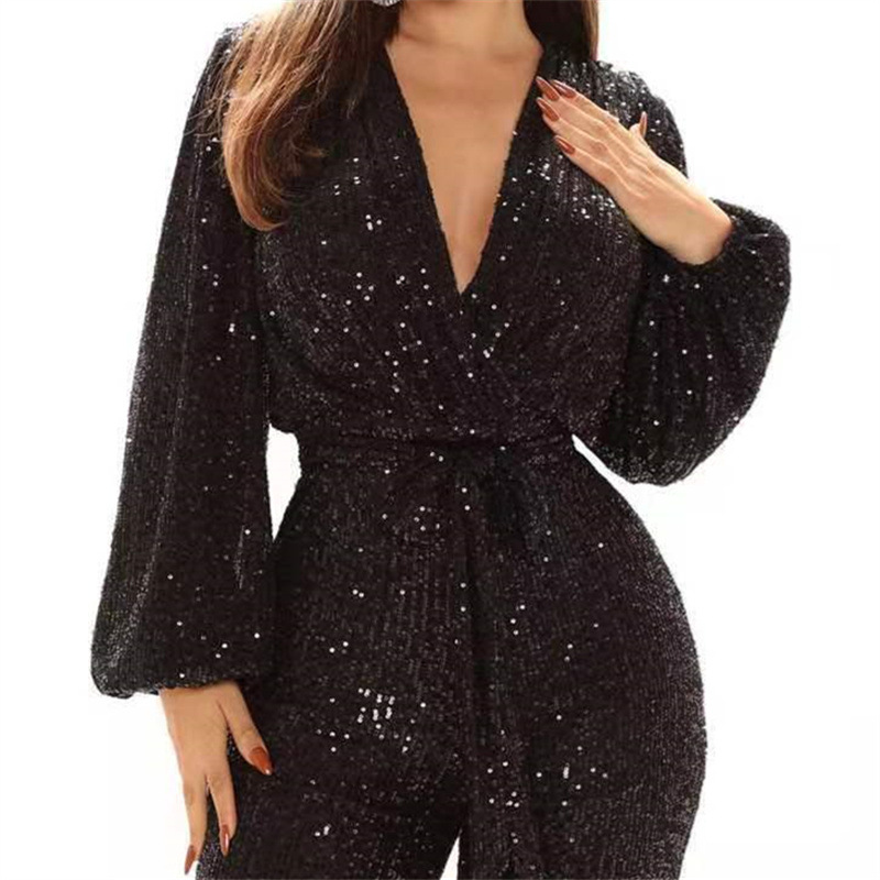 Ropa de mujer europea y americana Amazon Otoño e Invierno moda popular elegante lentejuelas pantalones de una pieza sexy cuello en V Pantalones anchos