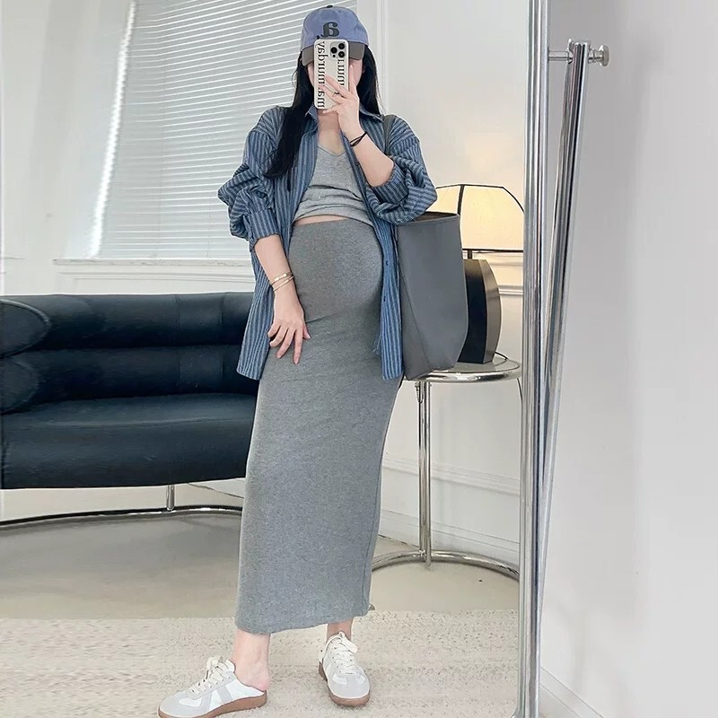 Maternity Knit Skirt Without Belly Support for Women, Spring and Summer Thin Style, Gray Straight-Leg Hip-Hugging Long Skirt for Petite Pregnant Women
