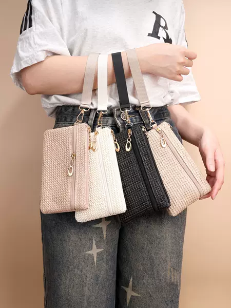 Summer New Straw Clutch Bag Storage Bag Storage Bag Long Wallet Double Zipper Clutch Bag Coin Purse Mobile Phone Bag