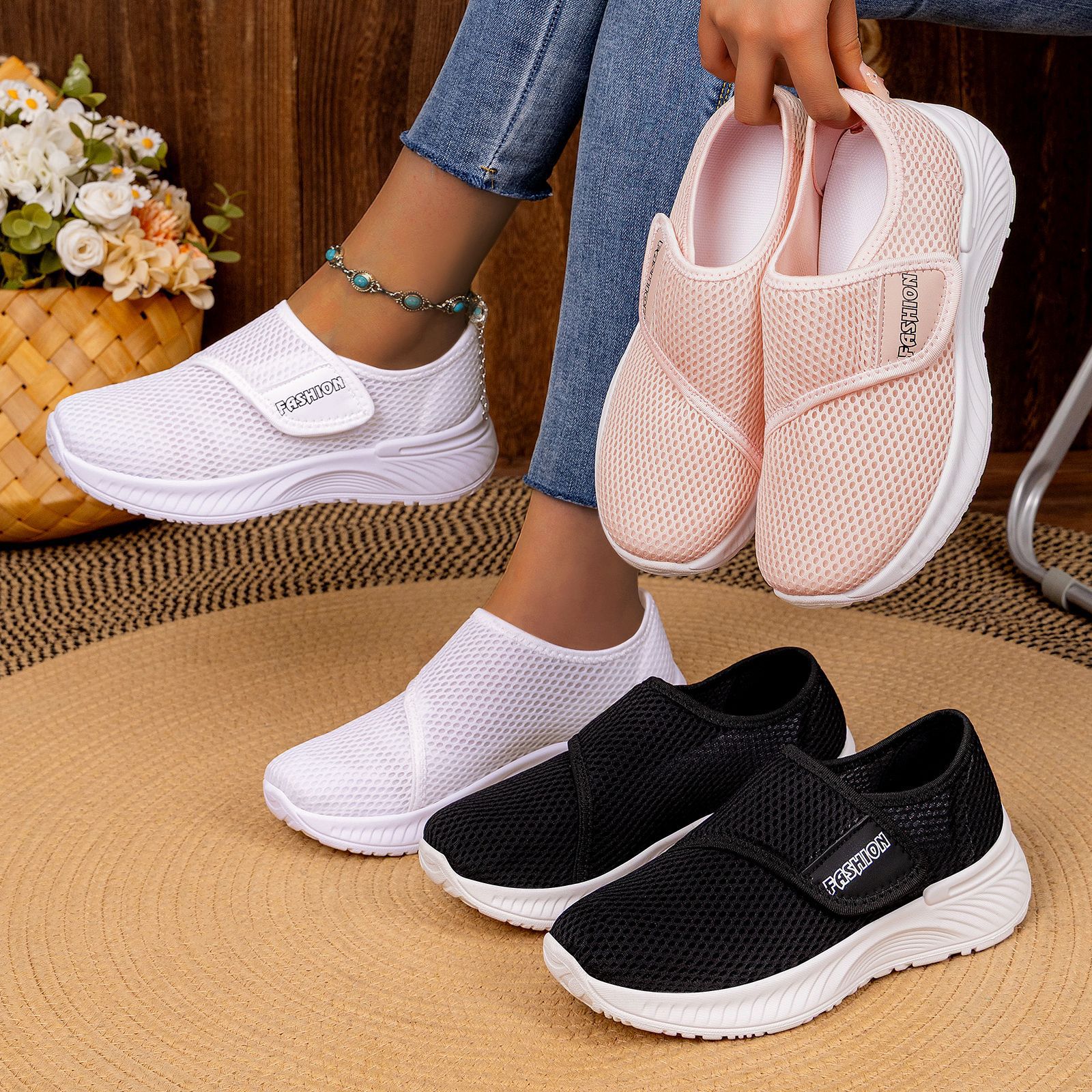 Zapatos de red transfronterizos zapatos casuales de mujer primavera nuevos zapatos de mujer velcro zapatos transpirables zapatos de madre ligeros