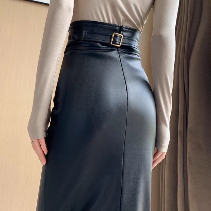 Free Shipping Yujie Super High Waist PU Leather Skirt Women's Design Sense Rear Split Step Hip Long Skirt High Waist Straight Skirt