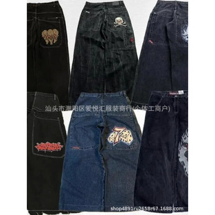 2024 Spring and Autumn New Cross-Border American Fashion Brand Retro Washed Y2K Embroidered Hip-Hop Pattern Men's Jeans