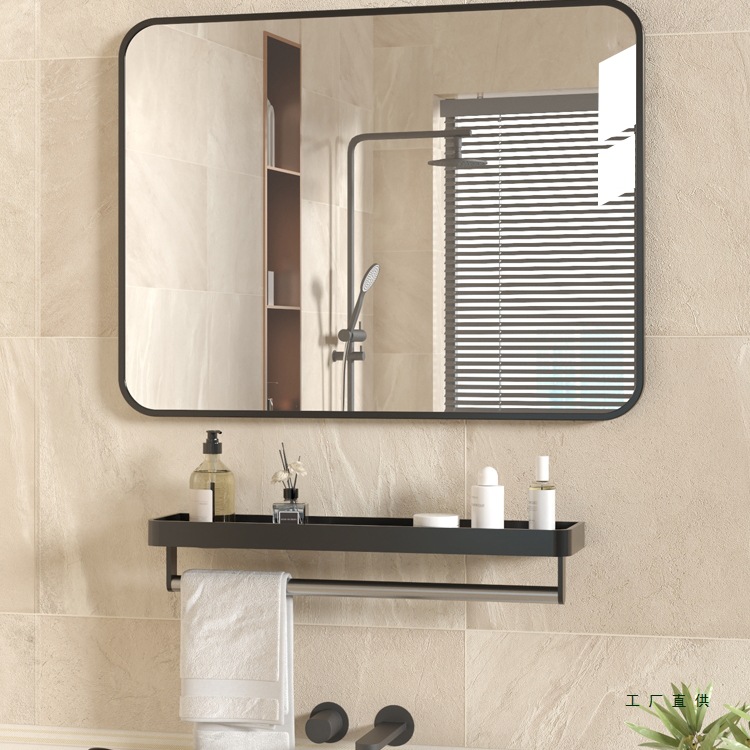 Bathroom Mirror with Storage Rack, No-Drill Adhesive Wall-Mounted Vanity Mirror for Toilet and Restroom