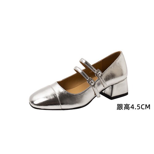 Silver Mary Jane Flat Shoes for Women - New Summer Small Leather Shoes with Medium Heel, Thick Heel, High Heel French Style to Match Skirts and Ballet Flats