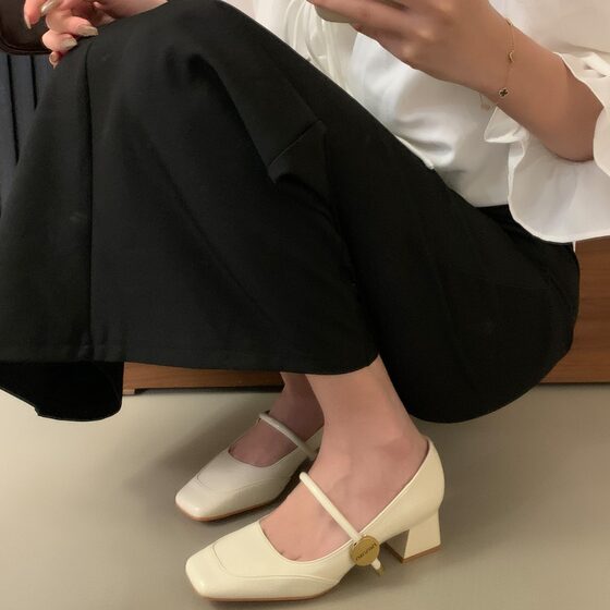 French Mid-high Heel Mary Jane Single-layer Shoes Women's Shoes Spring and Autumn 2024 New Summer Square Toe Elegant Chunky Heel Small Leather Shoes