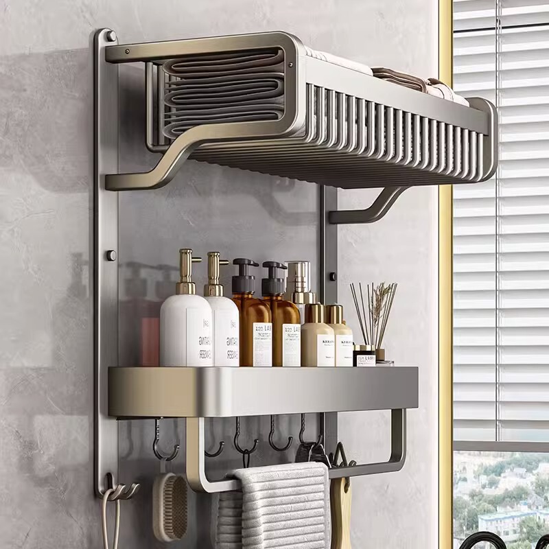 Order Gun Gray Mesh Basket Integrated Bathroom Towel Rack Without Punching Space Aluminum Bathroom Toilet Storage Rack Toilet