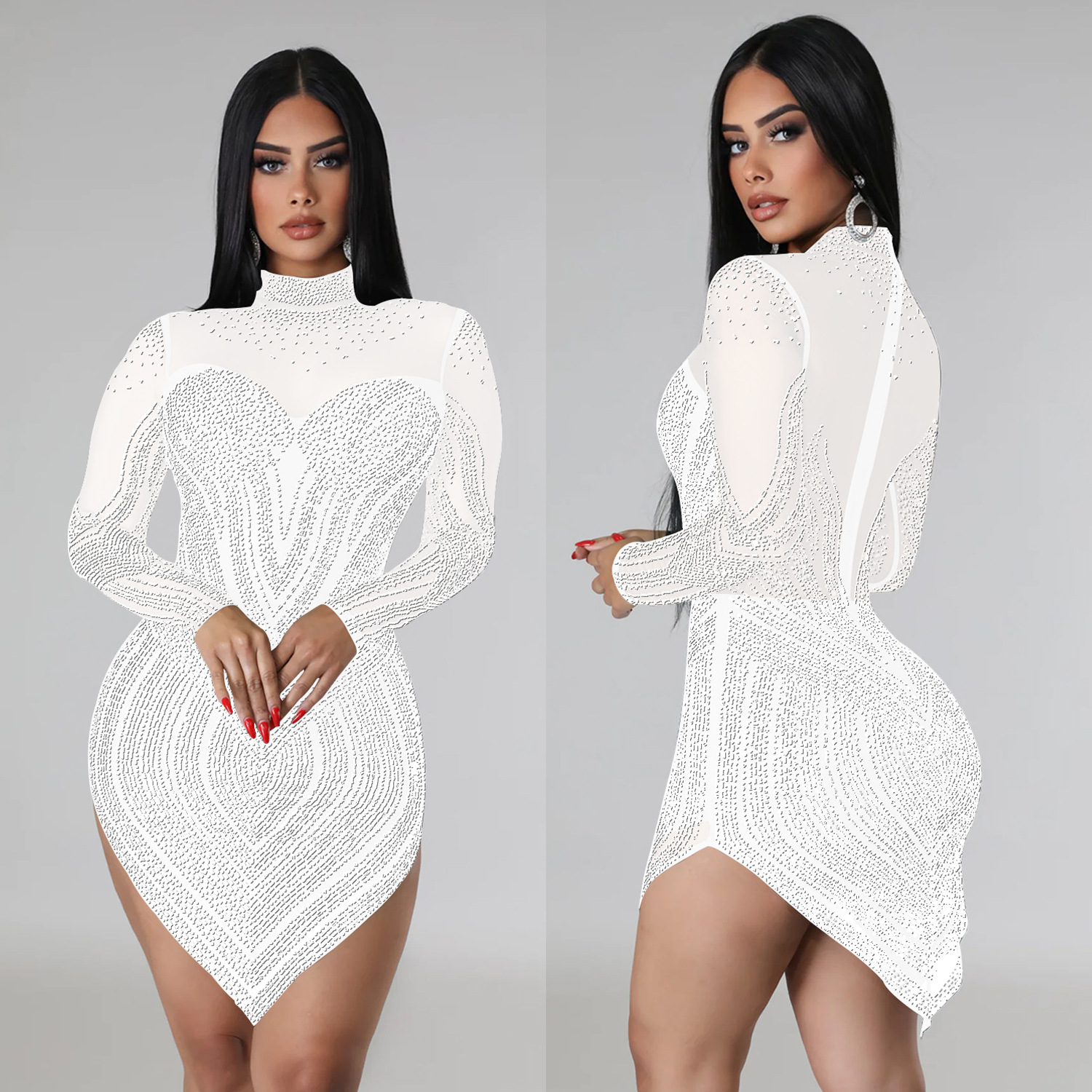 C6371 transfronterizo AliExpress Amazon moda europea y americana de las mujeres de color sólido de malla de perforación en caliente de manga larga vestido de falda corta image 5