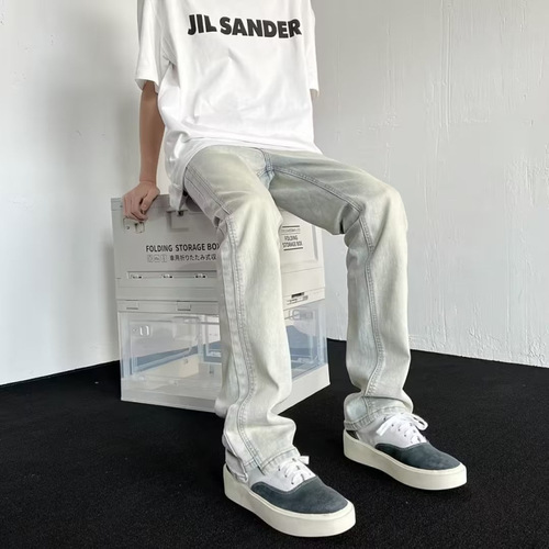 Men's American Retro Vibe Jeans High Street Fashion Brand, Washed, Distressed, Yellow Clay Dye, Flared Pants, 2024