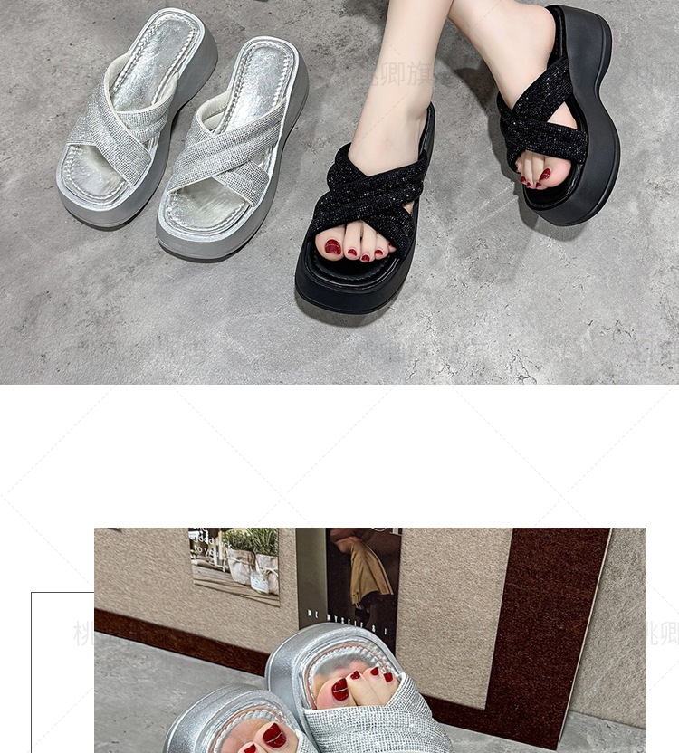 Dép sandal nữ đế xuồng quai chữ V đính đá bạc — Màu đen chi tiết 17