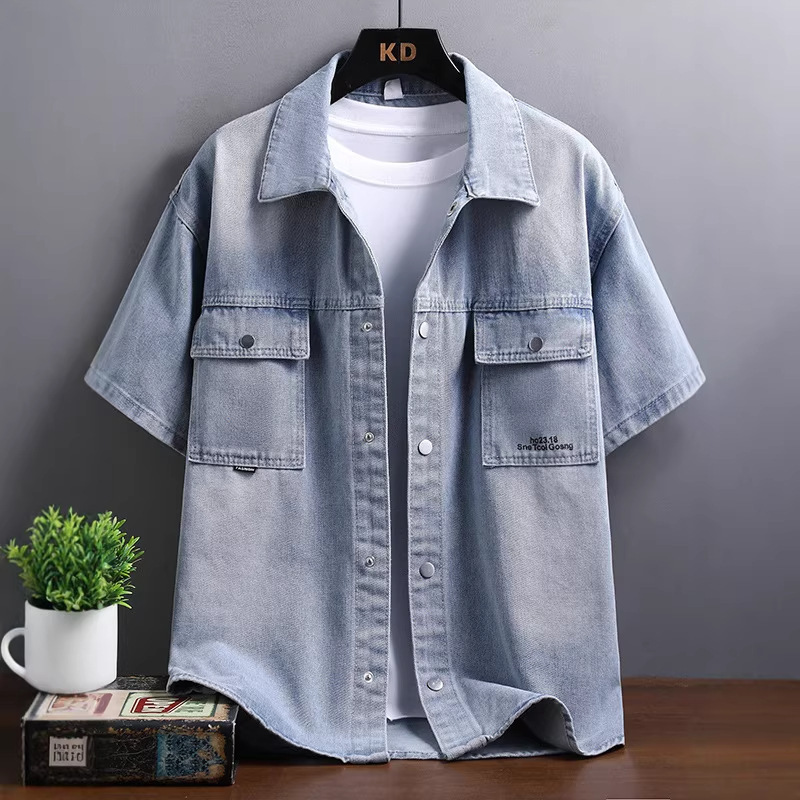 Summer Retro Washed Denim Loose-Fitting Youth Half-Sleeve Jacket Ins Trendy Casual Lapel Men's Short-Sleeve Shirt Summer Retro Washed Denim Loose-Fitting Youth Half-Sleeve Jacket Ins Trendy Casual Lapel Men's Short-Sleeve Shirt