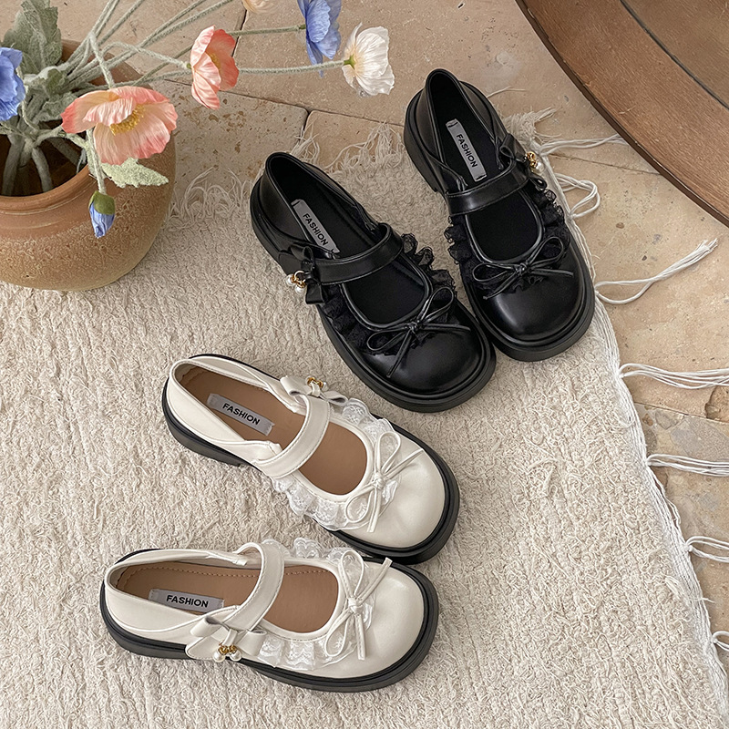 Chica moda versátil Mary Zhen zapatos primavera-verano 2026 arco de encaje infantil Lefour zapatos de cuero suaves