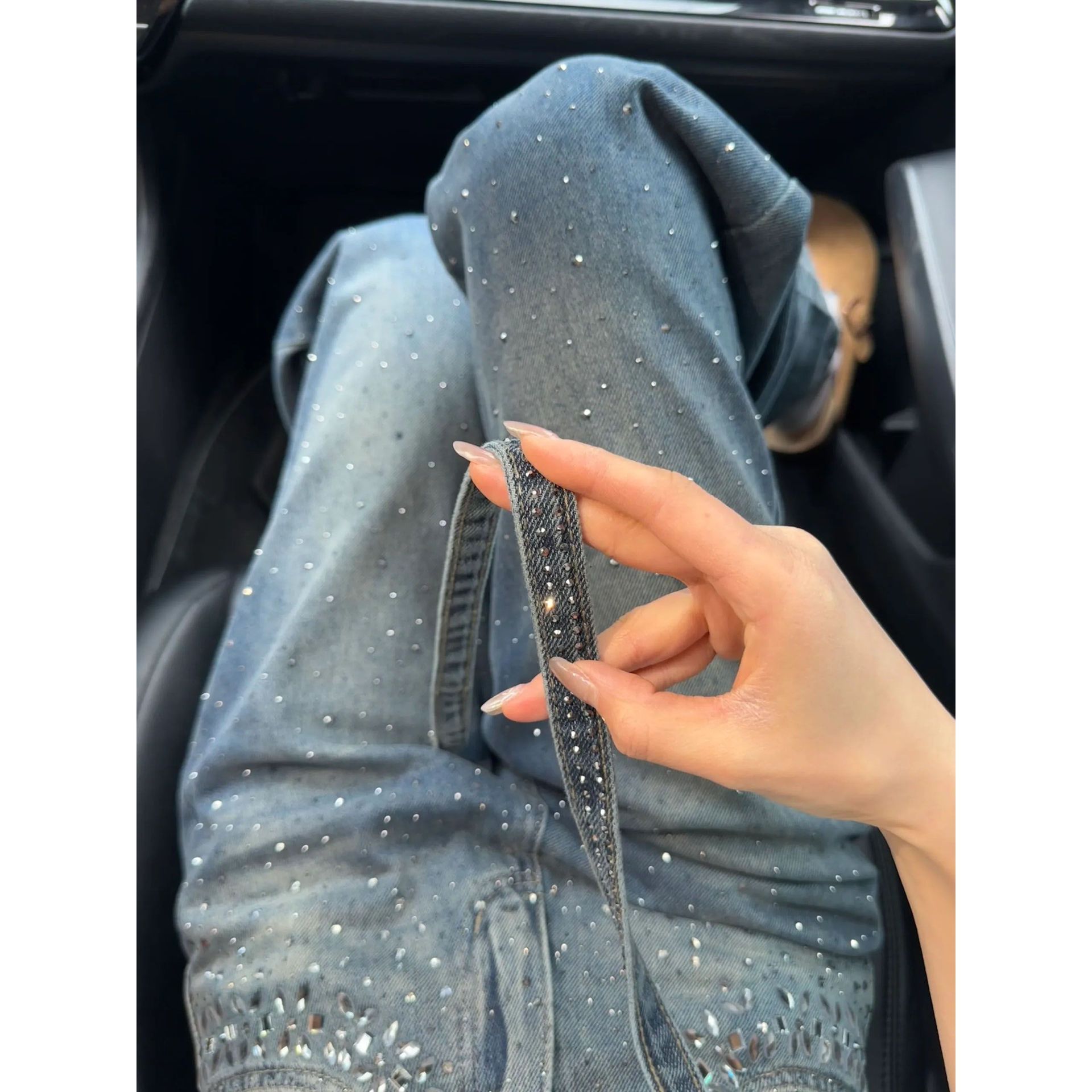 Women's High-Waisted Straight Leg Jeans Rhinestone Design Blue with Belt S M L XL XXL_voghion.com