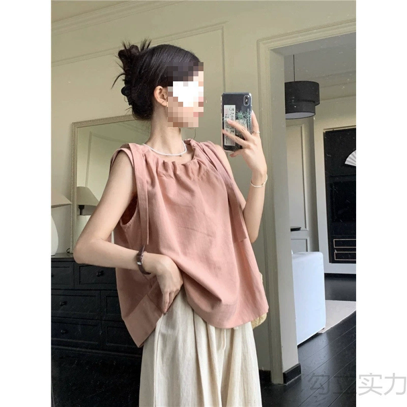 Розовый топ без рукавов в корейском стиле для женщин, свободная льняная повседневная футболка в стиле ретро на шнуровке, элегантная футболка в праздничном стиле