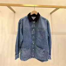 法式小众 2025秋新中性款撞色翻领宽松落肩袖大贴袋牛仔外套