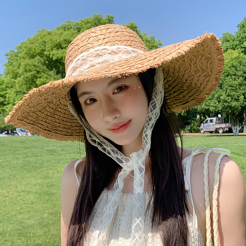 Sombrero de paja con lazo – estilo veraniego, ala ancha, para playa o vacaciones al aire libre