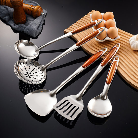 Stainless steel imitation mahogany household cooking spoon shovel suit kitchen utensils stainless steel colander frying shovel factory wholesale