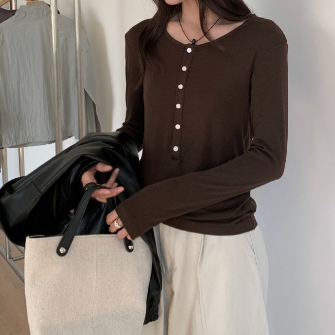 Early autumn silk lyocell thin wool base layer shirt for women, winter solid color striped button T-shirt, slim fit stretch knit top