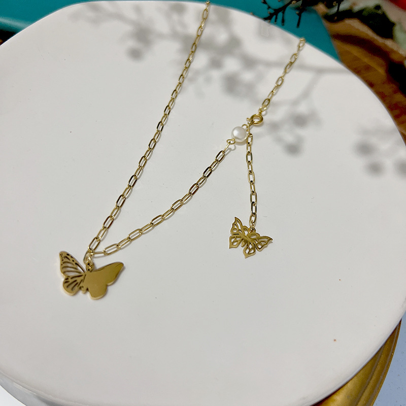 Fashion Butterfly Stainless Steel Titanium Steel Pearl Plating Hollow Out Necklace Colorza_colorza_2