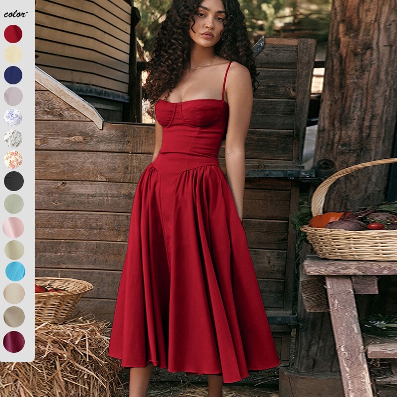 2026 Cross-Border Independent Fashion Website Summer New European and American Style Spaghetti Strap Waist-Cinching Flared Dress Amazon Women's Clothing