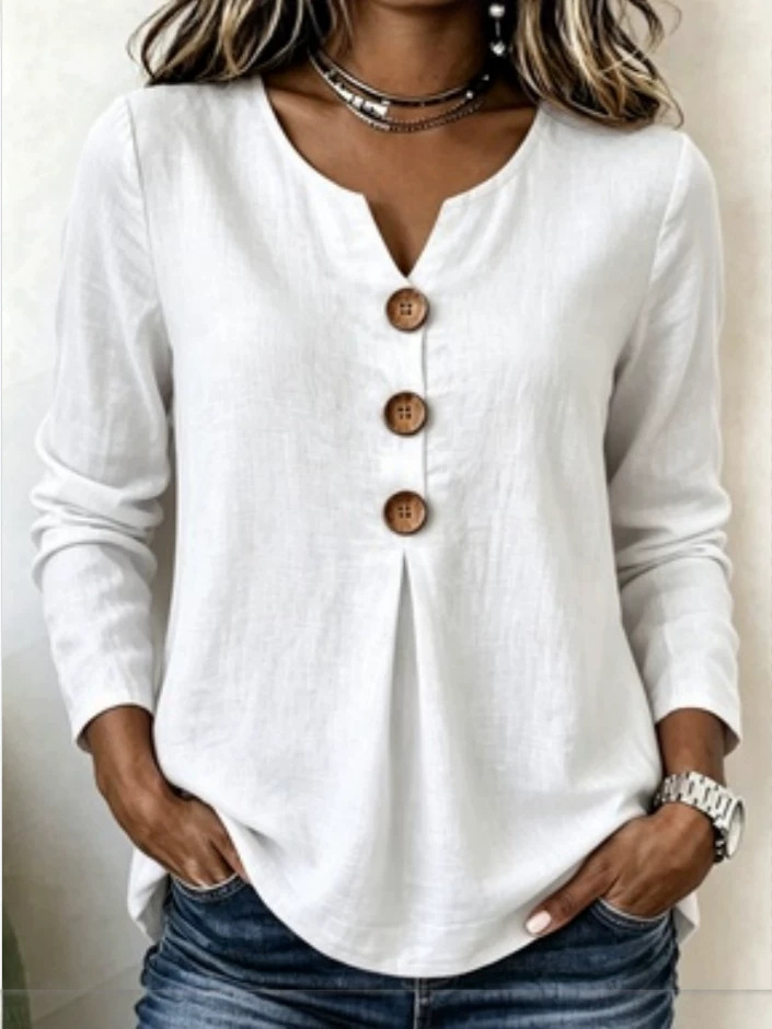 Amazon 2026 Europa y los Estados Unidos transfronterizos de verano de color sólido nuevo suelto damas de cuello V botones de algodón de lino camisa de mujer