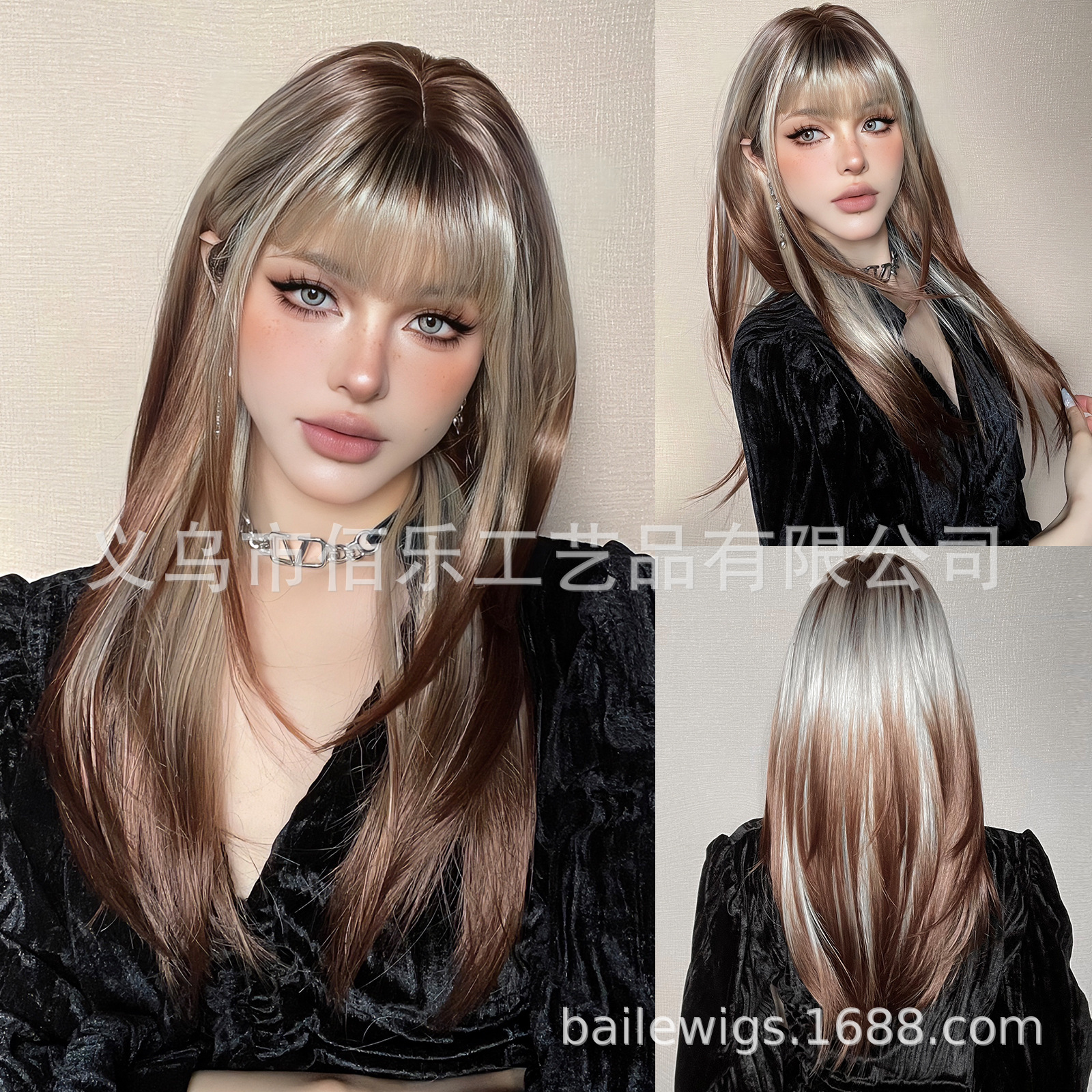 Nuevo negro Rosa flequillo larga recta gradiente de pelo fibra química SEDA NATURAL peluca femenina tocados pelucas fabricante en stock image 24
