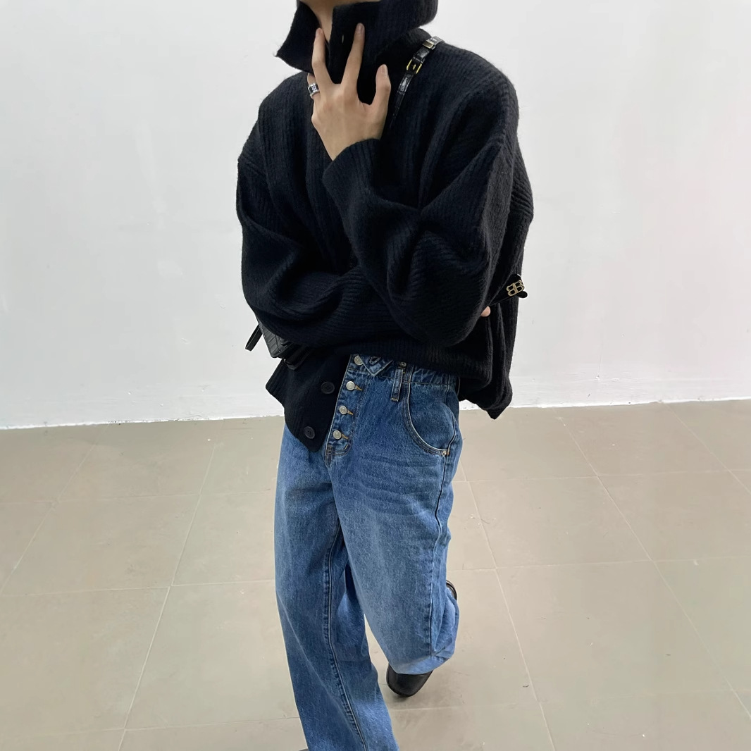 Nicho de invierno diseño decoración botón engrosada suéter cuello alto los hombres sueltos temperamento tocando fondo lana punto cardigan moda