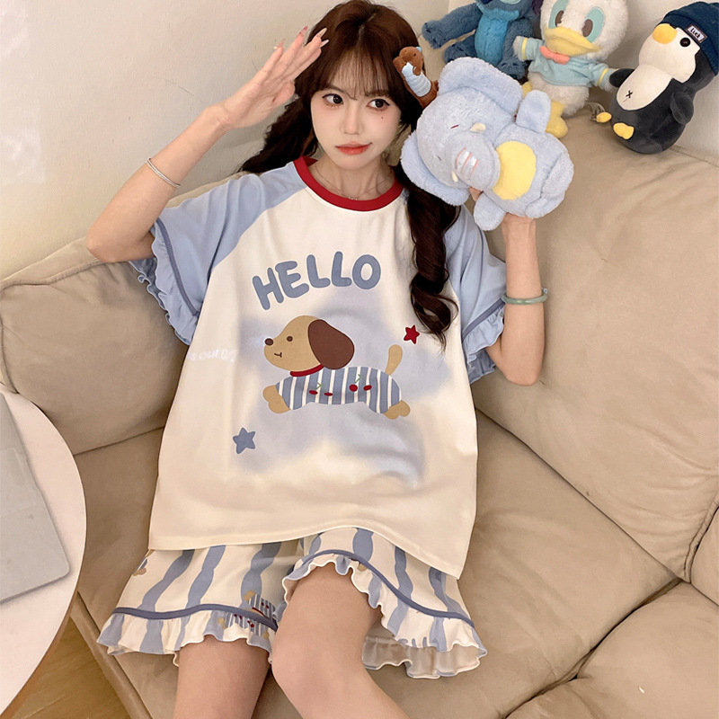Girls Pajamas Pure Cotton Summer Short Sleeve Cartoon Cute Ladies Large Size 100kg Sweet Thin Home Clothing Set