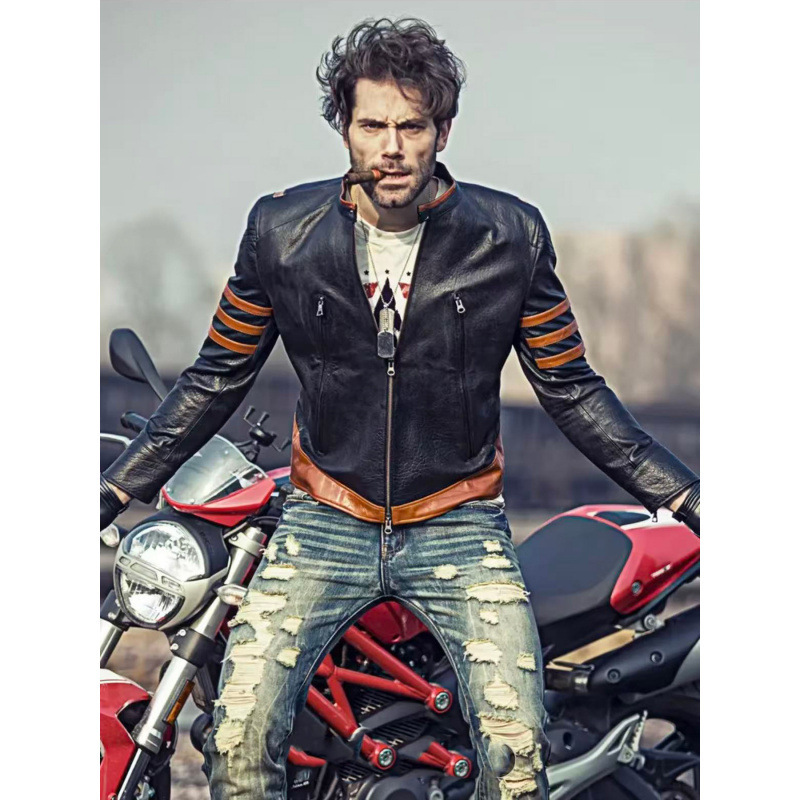 Cross-Border Foreign Trade Retro Motorcycle Leather Jacket for Men, Stand-Up Collar Pu Leather Jacket, Slim Fit Trendy Riding Jacket, Wolverine Leather Jacket