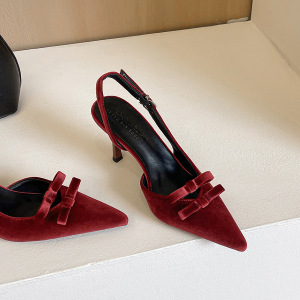 9626-5 French style elegant socialite bow, West velvet hollow out fine high heels, women's shoes with pointed, stra