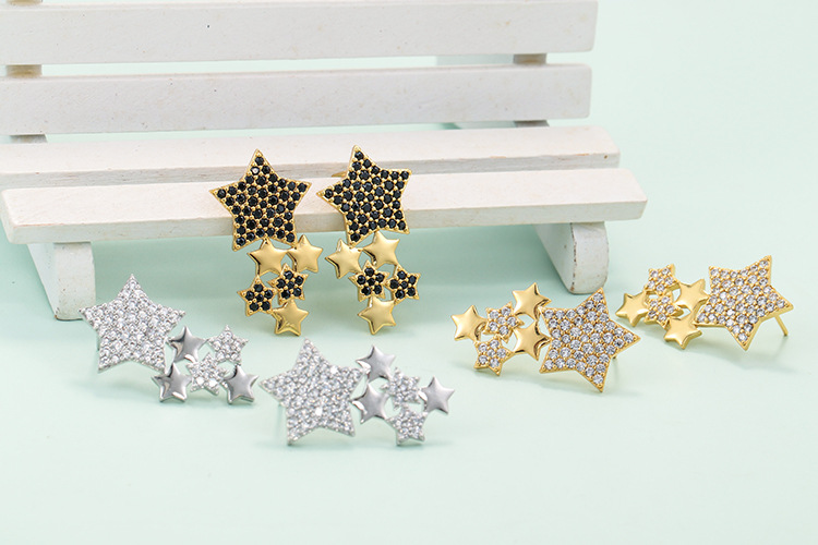 Housewarming, Anniversary, Business, Wedding, Travel, Birthday, Festival Occasion Copper Material Geometric Pattern Wholesale Jewelry Five-pointed Star Colored Diamond Copper Earrings Nihaojewelry