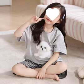 26女童儿童睡衣女孩三件套卡通薄款短袖中大童夏季套装新款家居服