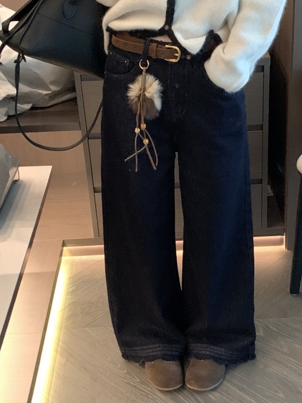 欧洲站2025冬季新款欧货配毛球挂件裤脚花边休闲拉绒牛仔阔腿裤女