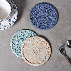 T9J5 Retro Pattern Coaster Bowl Mat Light Luxury Insulation Pad Feeling Silicone Anti-scalding Dish Mat New Chinese Tea Art Small Placemat