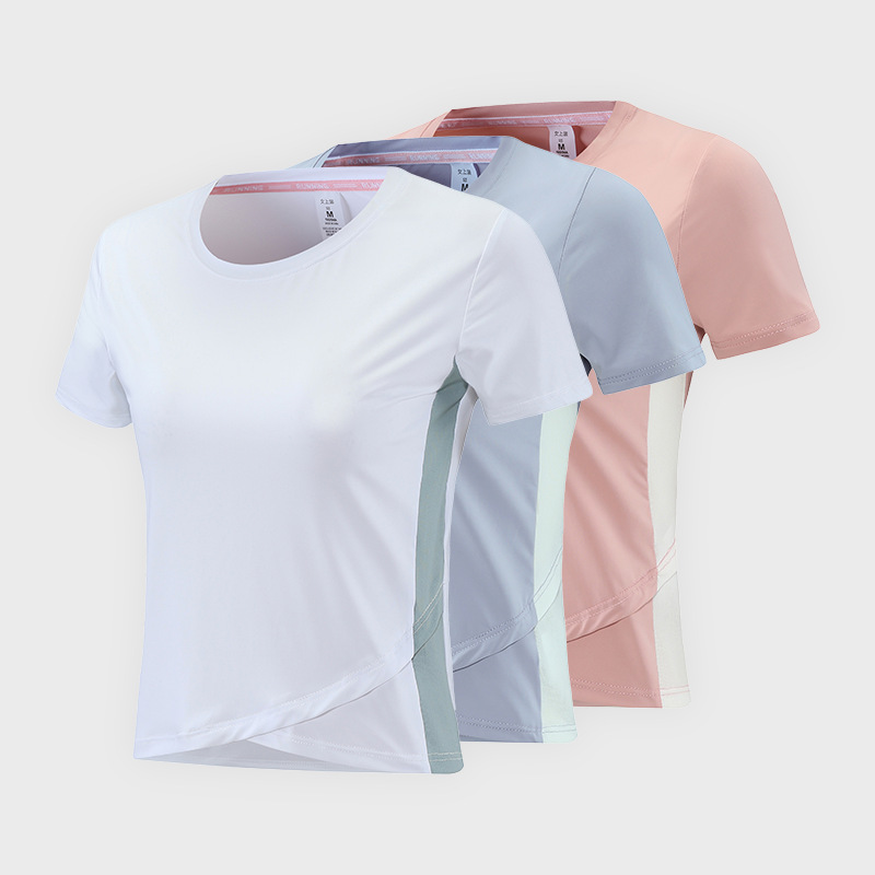 Wicking de humedad Deportes de manga corta casual para mujer camiseta de manga corta para mujer color sólido que adelgaza deportes elásticos mujeres de manga corta